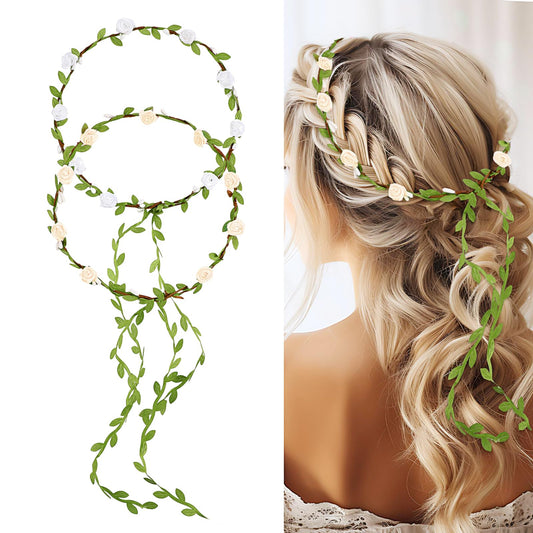 Andibro Flowers Crown Floral Garland,2pcs Headband Rose Flower Wreath Handmade Bohemian Style Headdress for Fun Day Out Bridal Headwear Party Festivals Hair Accessories(White ?Yellow)
