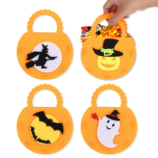 4 Pack Halloween Pumpkin Candy Bags for Kids, Trick or Treat Baskets with Handle Pumpkin Ghost Black Cat Owls Tote Goodie Gift Bags for Kids Halloween Party Favors