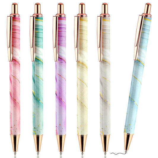 Amaxiu Glitter Ballpoint Pens, 6pcs Bling Metal Pens 1.0mm Click Black Ink Retractable Rollerball Pens for Drawing Journal Writing Note Taking Students School Office Supplies(Marble Texture)