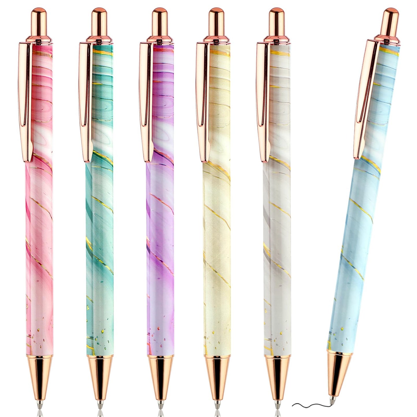 Amaxiu Glitter Ballpoint Pens, 6pcs Bling Metal Pens 1.0mm Click Black Ink Retractable Rollerball Pens for Drawing Journal Writing Note Taking Students School Office Supplies(Marble Texture)