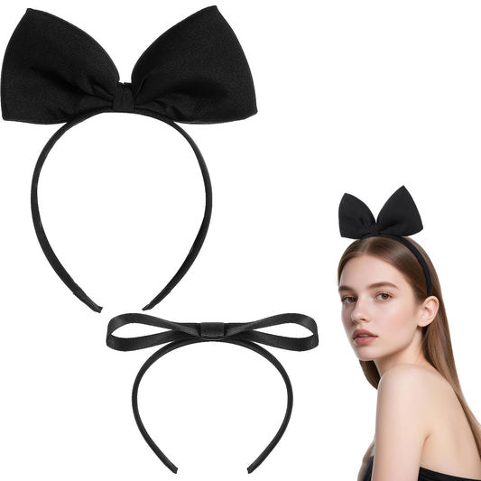 HJZHII 2PCS Big Black Bow Headbands, Black Hairs Bow Headband Thin Hair Headband Halloween Costume Headbands with Bowknot for Women Birthday Halloween Costume Party Cosplay Hair Accessories