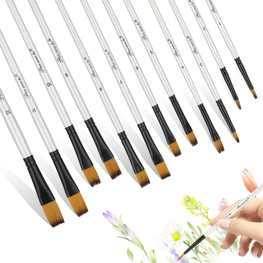 Andibro Filbert Flat Paint Brushes Set, 12 Pcs Artist Paint Brush Nylon Art Craft Brushes Professional Art Paint Brushes Kit Nylon Hair Paintbrushes for Acrylic Watercolor Gouache Oil Painting