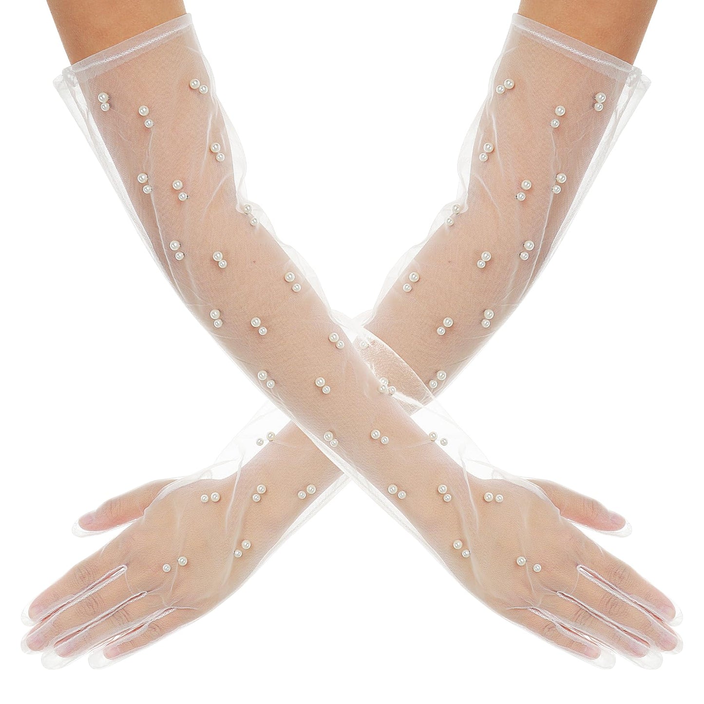 Andibro Bridal White Peal Gloves, Long Tulle Wedding Gloves, White Sheer Lace Gloves Mesh Gloves for Brides Evening Party