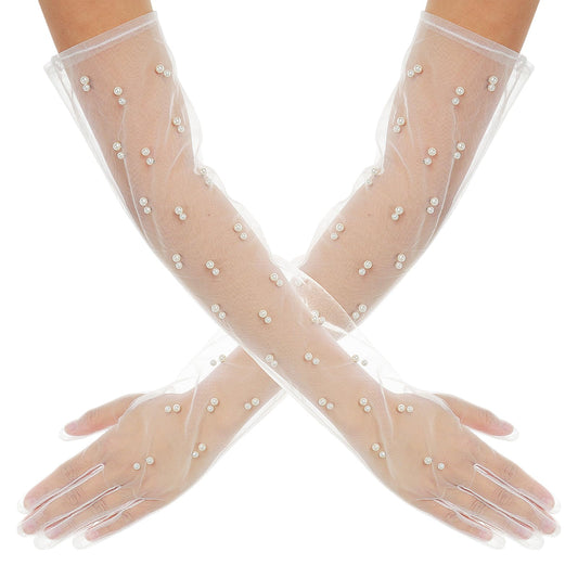 Andibro Bridal White Peal Gloves, Long Tulle Wedding Gloves, White Sheer Lace Gloves Mesh Gloves for Brides Evening Party