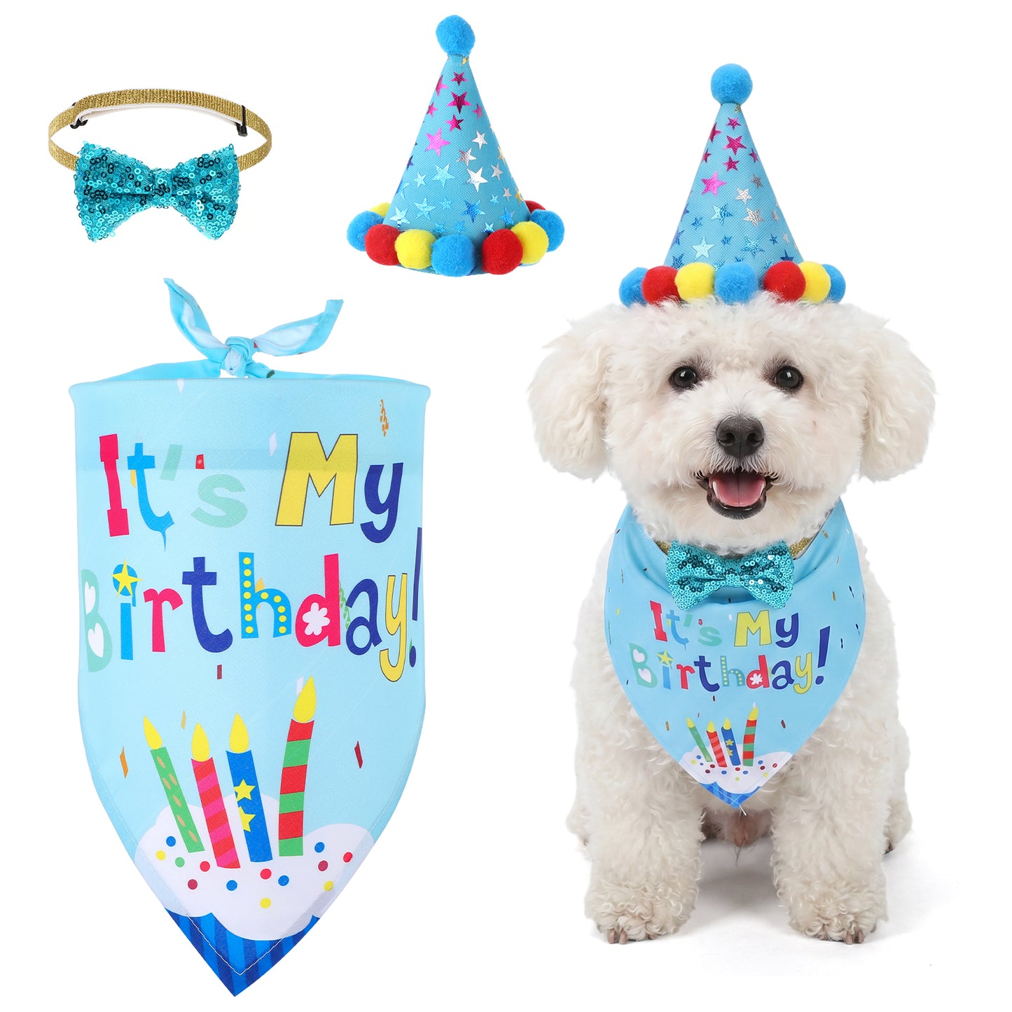 cobee Dog Birthday Hat Bandana Set, Blue Party Hat with Bow Tie Collar Adjustable Pet Costume Headwear for Small Medium Dogs Cats Puppy Birthday Decoration