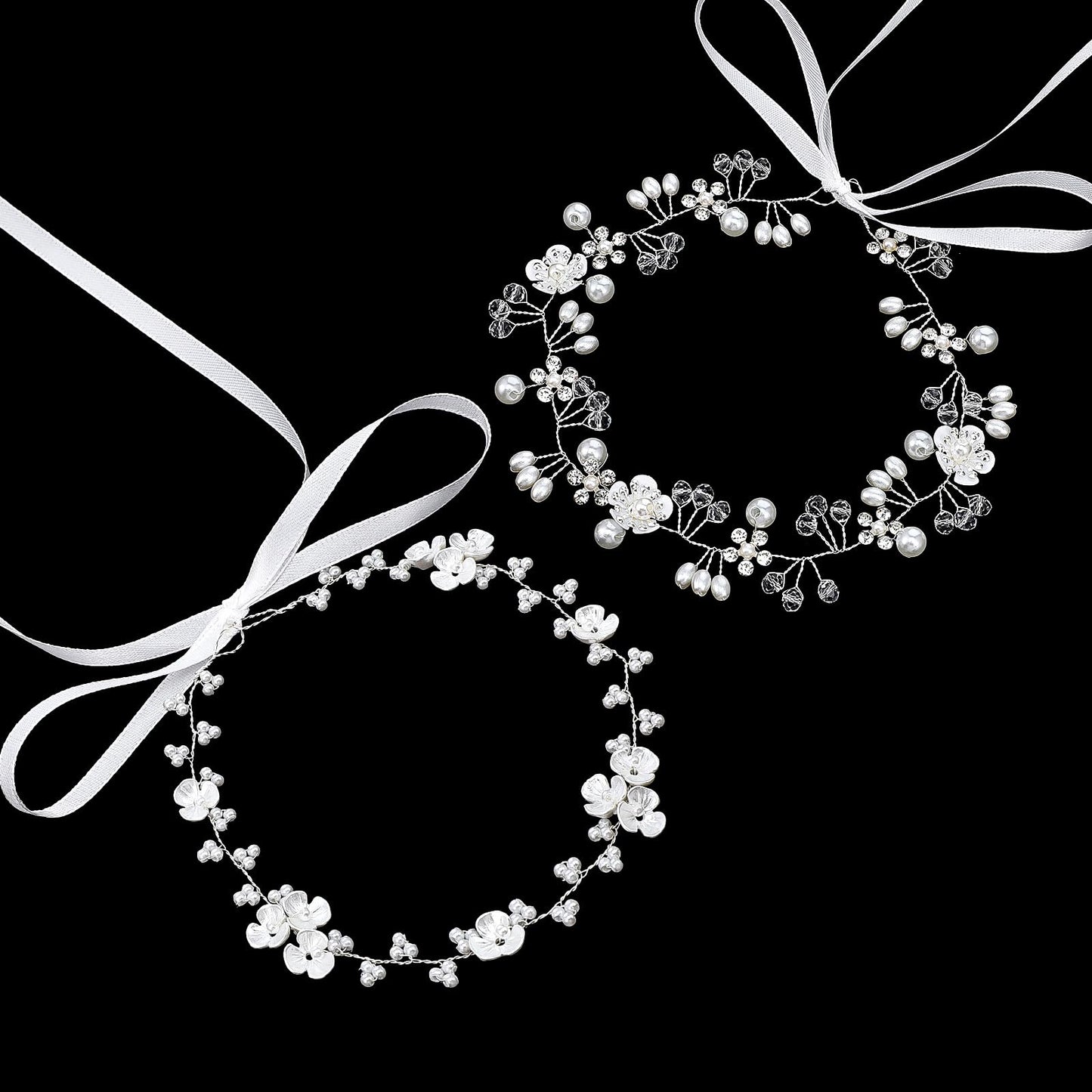 WJIAAA Flower Crystal Headpiece, 2PCS Flower Girl Headband for Wedding, Princess White Flowers Pearl Hair Dress for Bride, Rhinestone Pearl Headband for Birthday First Communion Wedding