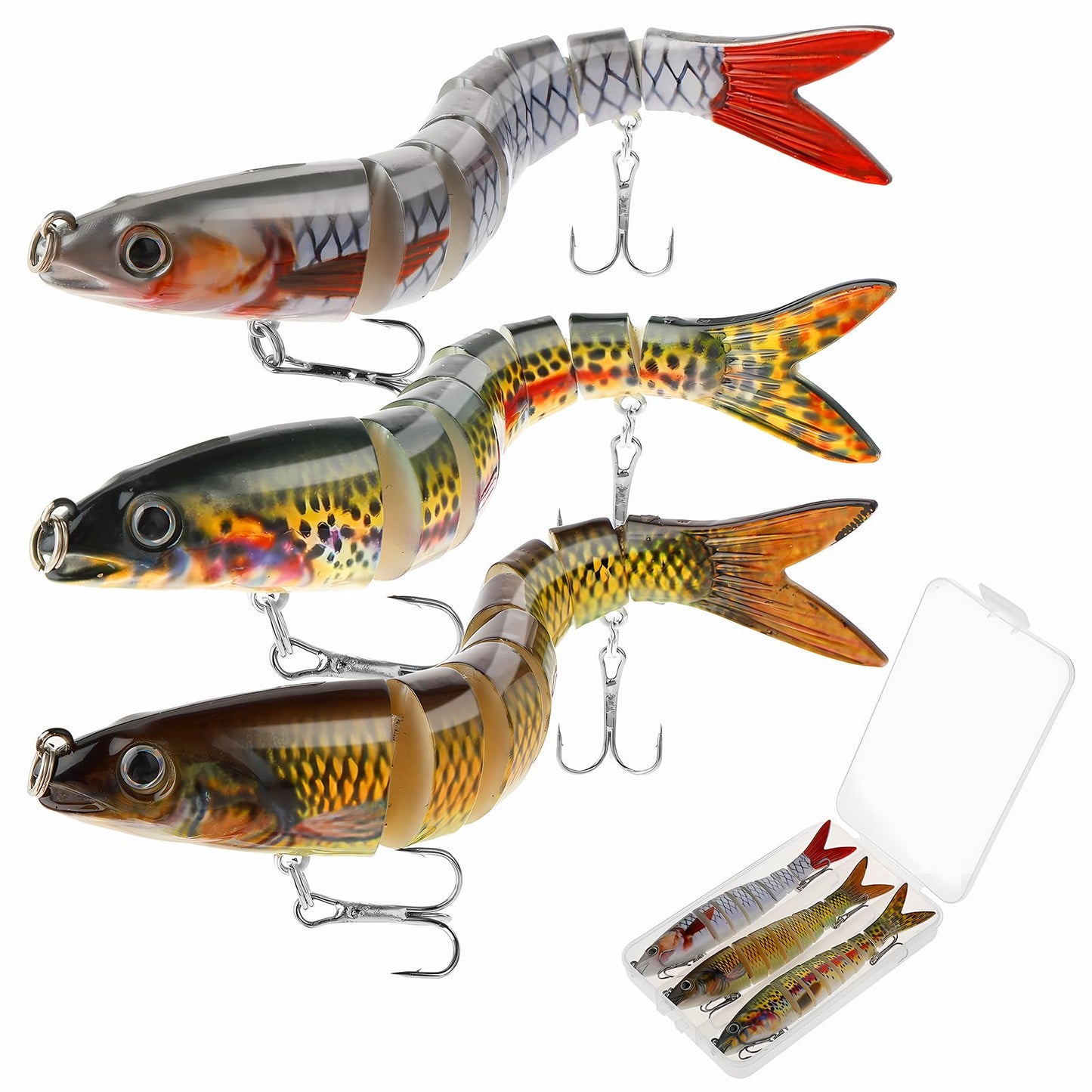 Amabro 3PCS Lifelike Fishing Lures, Multi-Jointed Swimbait for Bass Trout Crappie Walleye Slow Sinking Fish Lures with Storage Box for Freshwater Saltwater Topwater(Style-A)