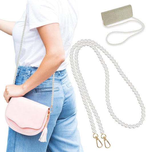 Amabro Pearl Chain Strap, 47" Imitation Pearl Bead Purse Strap Crossbody Bag Chain Replacement Pearl Handle Chains Accessories with Metal Buckles for Handbag Clutch Purse Phone Strap
