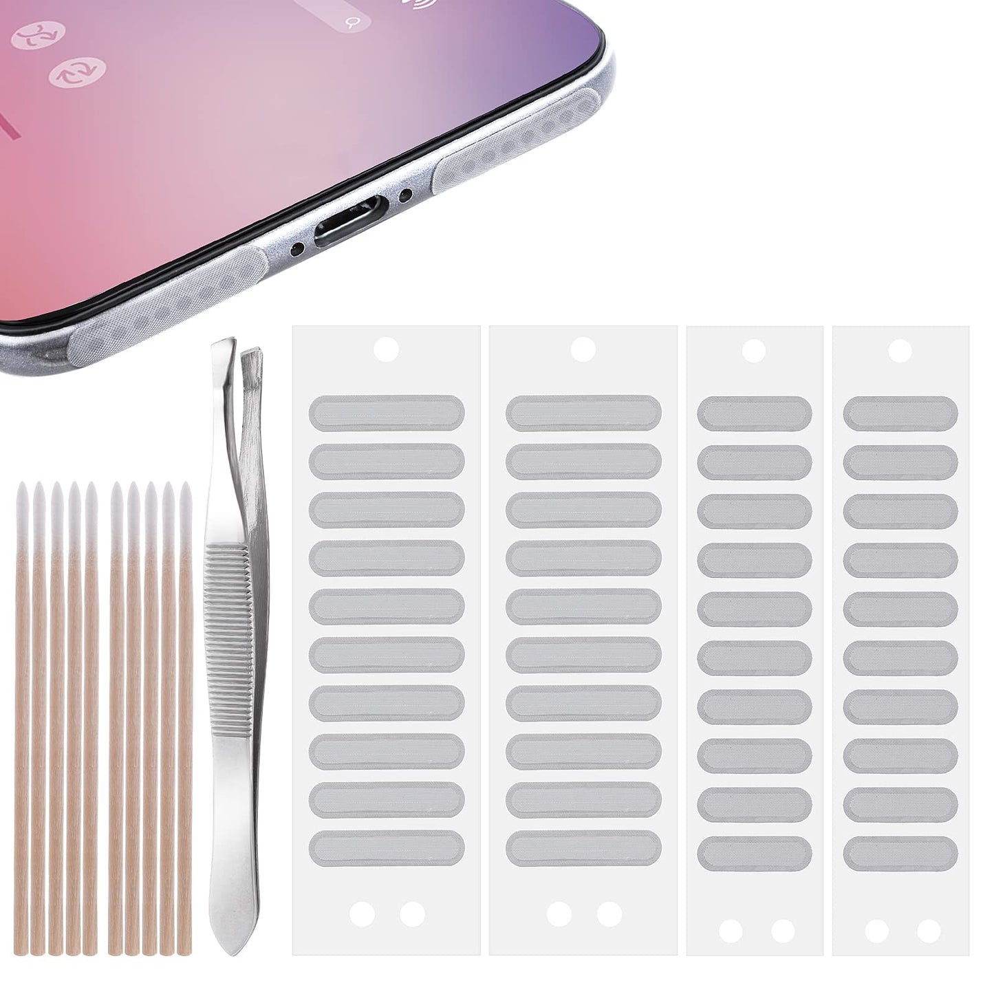 cobee Phone Speaker Dustproof Net Stickers, 51PCS Phone Trumpet Anti Dust Adhesive Stickers Dustproof Cover Kit Mesh Speaker Sticker with Cleaning Swabs and Tweezer (Silver))