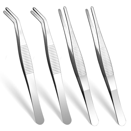 AOZUO Set of 4 Tweezers Pointed Stainless Steel Long Blunt Tweezers Set Tweezers with Curved Serrated Tip Professional Non-Slip Straight Angled for Jewellery Making Water Pets