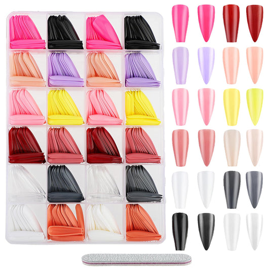 Amabro 576PCS Long Press On Nails Set, 24 Pack Glossy Long Ballerina False Nails Coffin Fake Nails Color Almond Nails Full Cover with Nail File for Women Girls Nail Art DIY(Almond, Coffin)