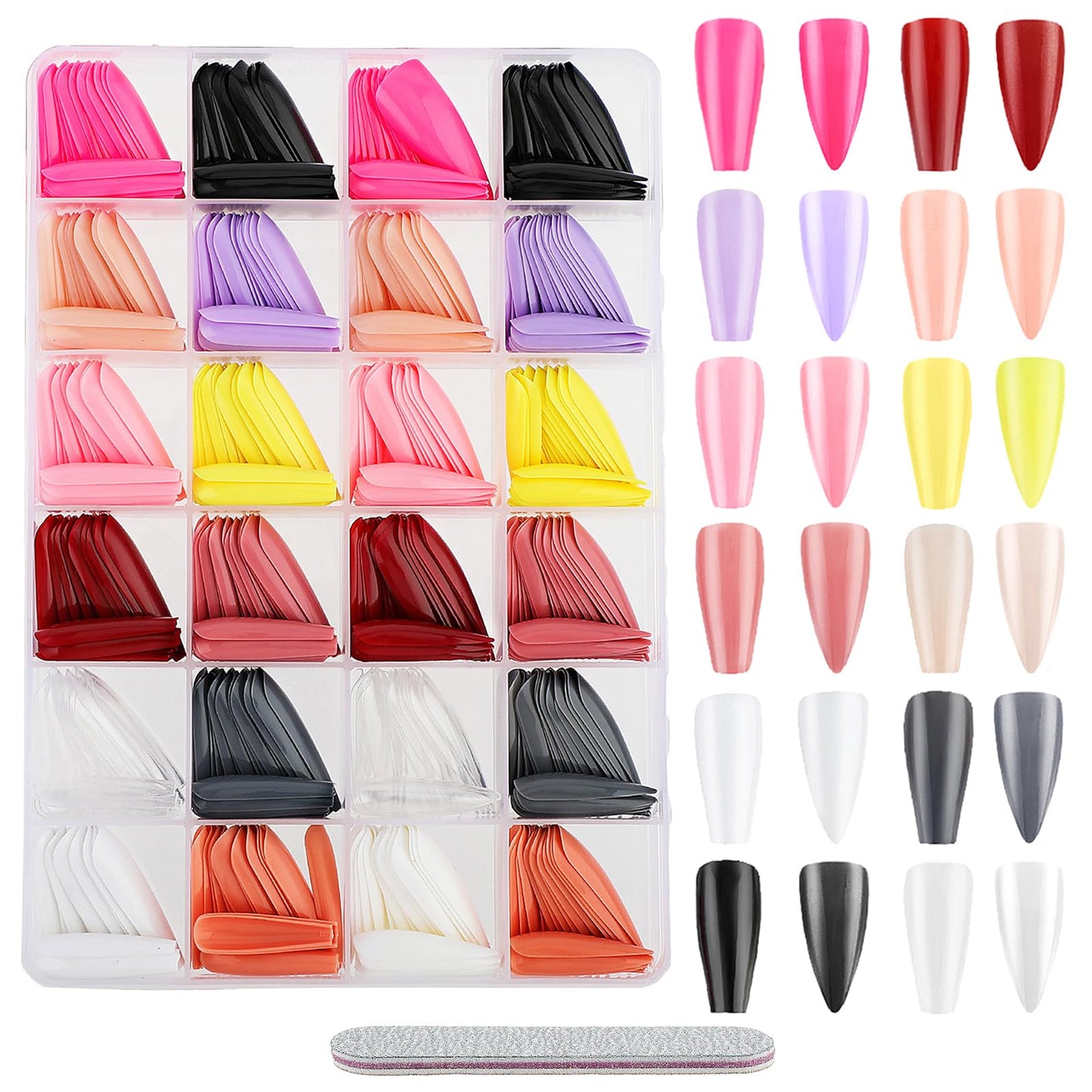Amabro 576PCS Long Press On Nails Set, 24 Pack Glossy Long Ballerina False Nails Coffin Fake Nails Color Almond Nails Full Cover with Nail File for Women Girls Nail Art DIY(Almond, Coffin)