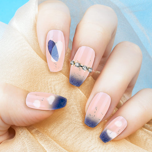 cobee 3D Rhinestone Press on Nails Medium, 24PCS Square Fake Nails Coffin False Nail with Diamond Full Cover Stick on Nails Bling Acrylic Nails for Women and Girls (Blue Starry Sky)