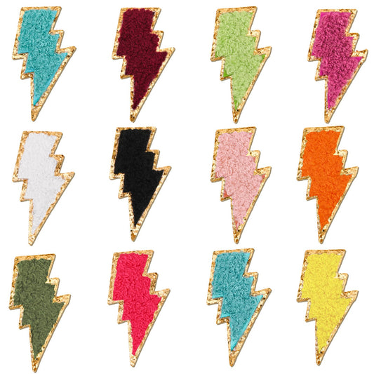 Molain 12 PCS Lightning Chenille Patches, Golden Edges Lightning Iron On Patch, Bolt Patch Chenille Embroidery Patches Multicolor Sew On Patch for DIY Hats Bags Jackets Jeans Clothing Shirts