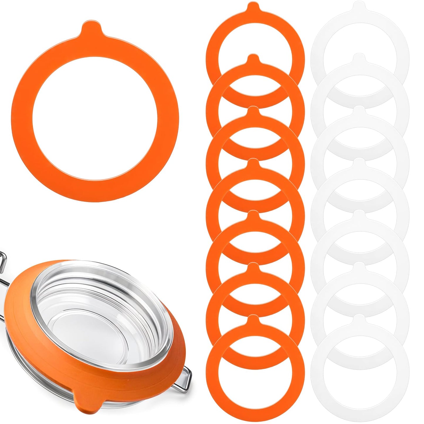 MBAIYO Pack of 15 Silicone Glass Seals, Replacement, Preserving Rubber, Silicone, 7 cm, Rubber Rings, Reusable Leak-Proof Preserving Rings, Wide Mouth Jars, Lid, White + Orange