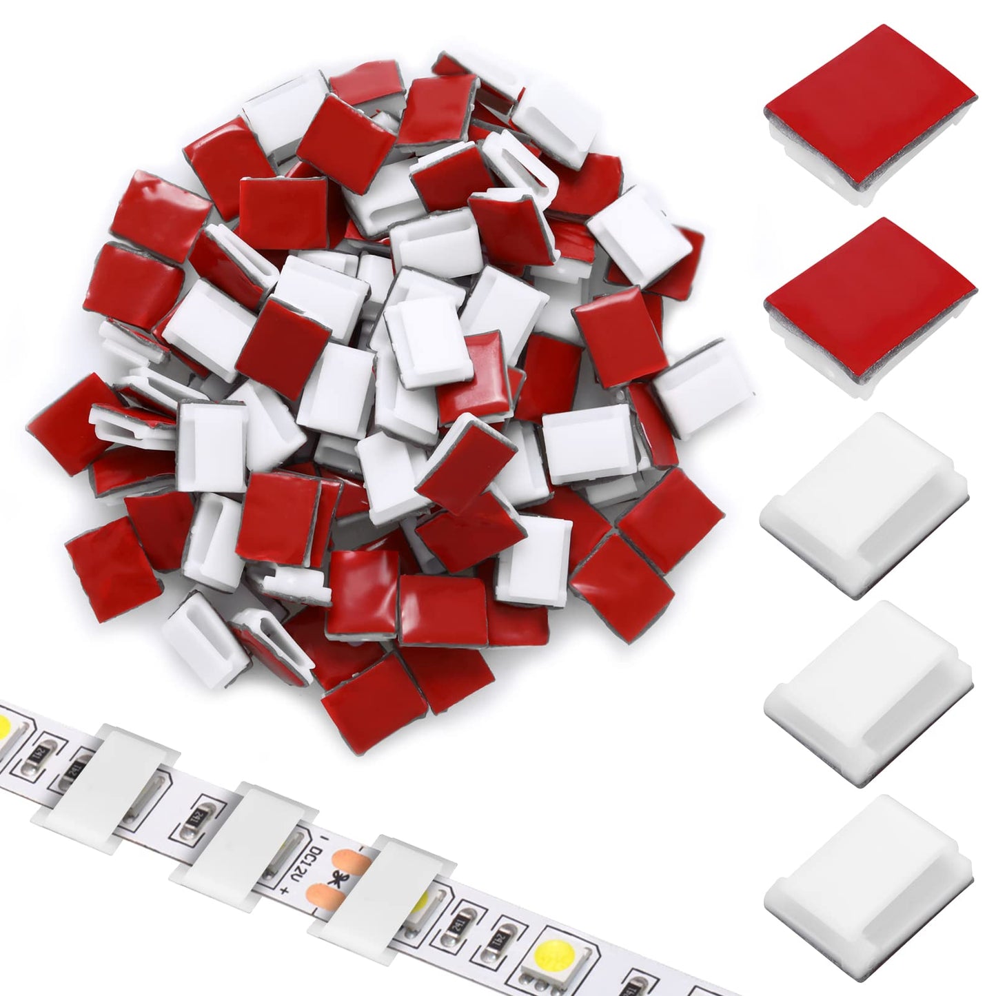 cobee Light Strip Mounting Clips, Strip Light Mounting Clips, White Self Adhesive Led Light Fasteners Mounting Holder, Cable Clamp Organizer for 10mm Light Strip(100pcs, White on Red)