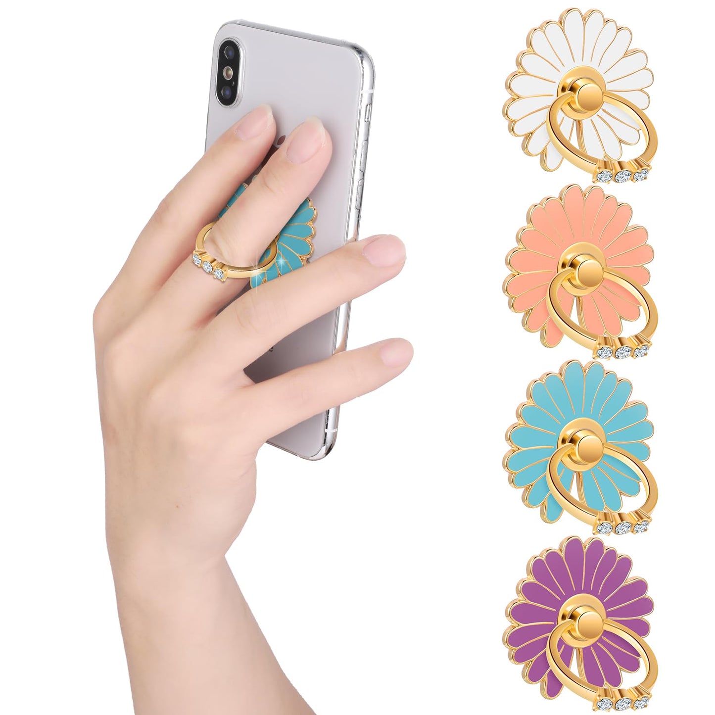 Amaxiu Cell Phone Ring Stand, 4PCS Cute Daisy Cell Phone Ring Holders 180°/360° Rotation Metal Finger Ring Stand Phone Hand Grip with Knob Loop Phone Ring Grips for Most Smartphones Tablets