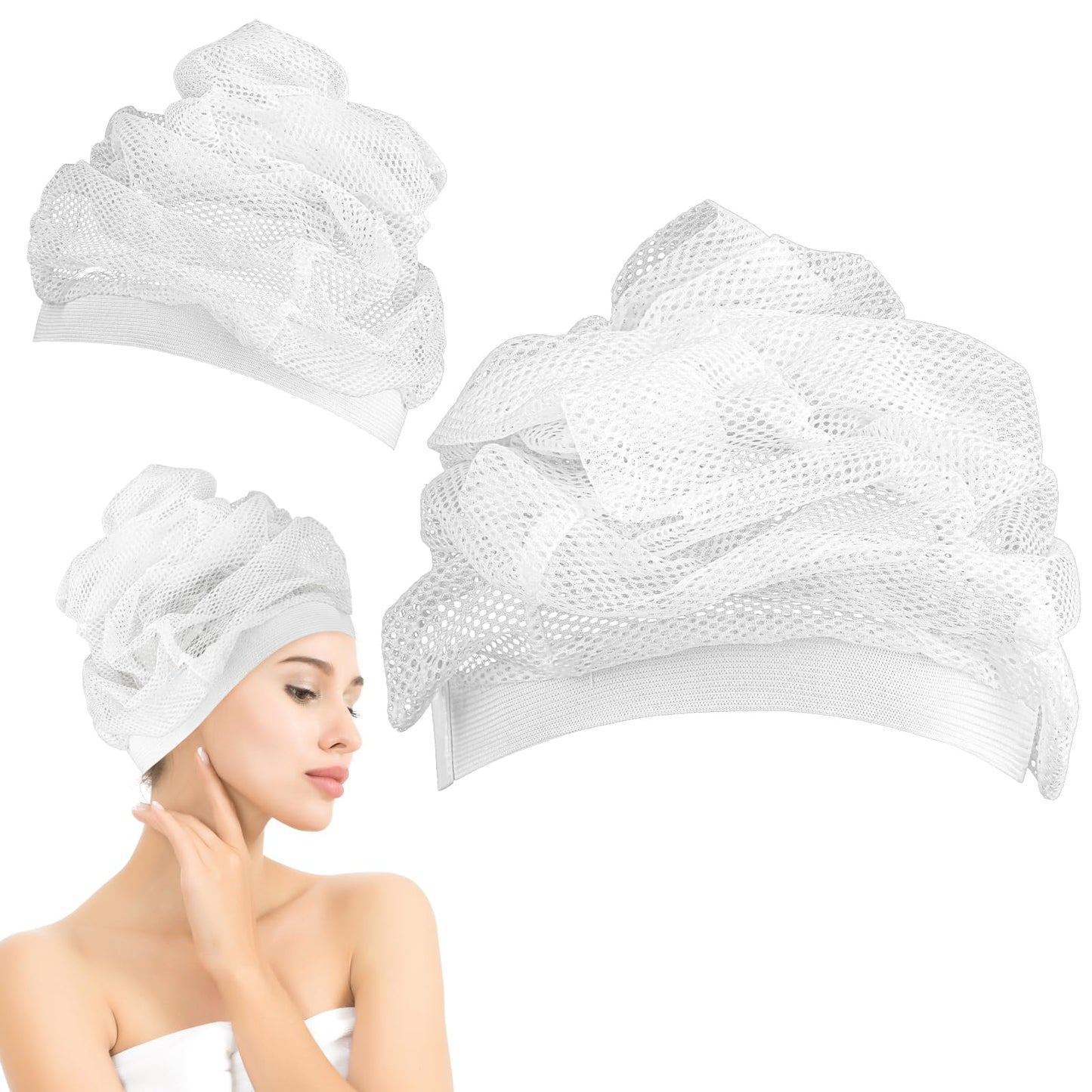 Amabro 2 PCS Net Plopping Cap, 13.4-17.3''Adjustable Hair Plopping Cap With Drawstring Reusable Curly Hair Net Sleep Bonnet Shower Hat for Long, Straight, Curly Hair