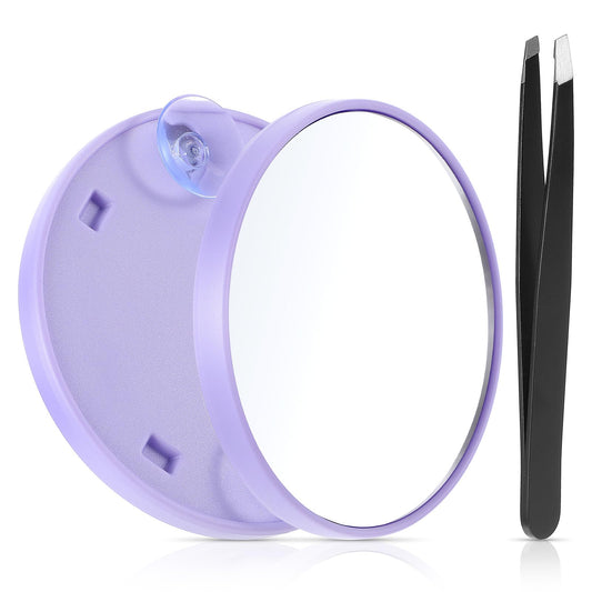 JIEYAO 5X Compact Magnifying Mirror, 3.6'' Travel Magnifying Mirror with 2 Suction Cups, 5x Magnification Makeup Mirror with Tweezer Cosmetic Magnified Mirror Handheld Pocket Mirror 5X(Purple)