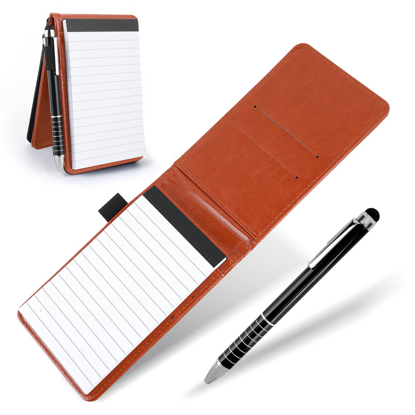 TIESOME Small Leather Notepad Holder with Pen, Pocket Notebook Holder Mini Notepad Memo Book Multifunctional Portable Replacement Notebook with Metal Pen for Offices Schools Restaurants(Brown)