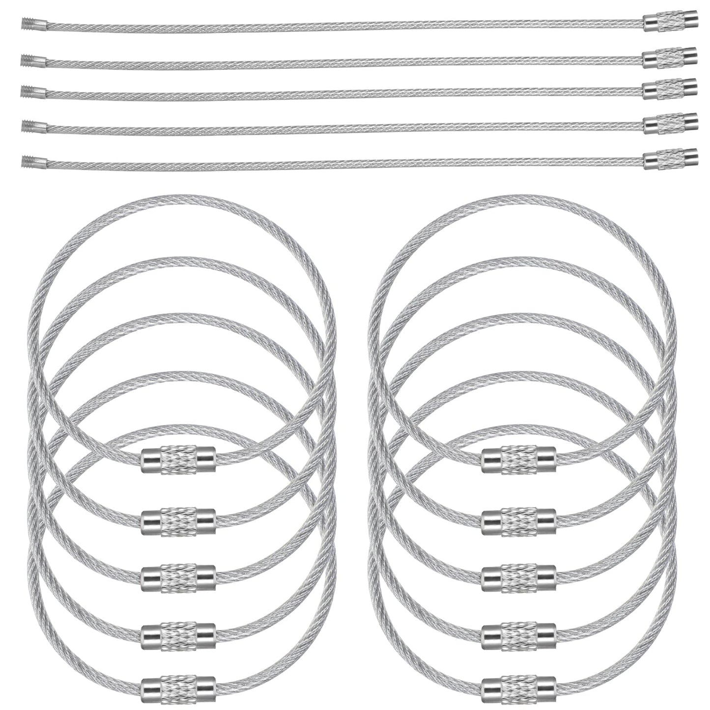 AOZUO Pack of 25 Wire Keychain, 15 cm Cable Keychain, Key Rings, Stainless Steel Key Ring, Large Key Ring, Metal Ring for Hiking, Heavy Connectable Luggage Tag, Hiking Luggage Tag, silver, L