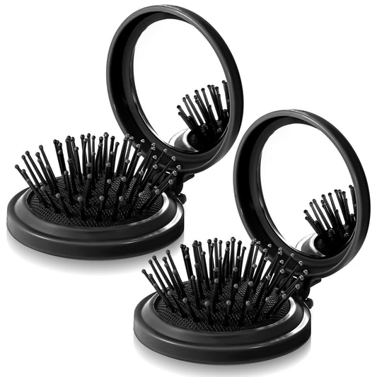 Molain Folding Brush with Mirror for Women Girl, Compact Brush with Mirror for Purse, Small Pocket Hair Brush with Soft Nylon Bristles, Mini HairBrush Portable Hair Brush with Mirror for Travel(Black)