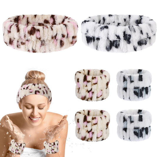 Cobee 6 PCS Face Wash Headband Wristbands, Soft Stretchy Headband and Wristband Set for Washing Face Keep Water from Running Down Your Arms Women's Hairbands Wrist Set for Bath Makeup(Leopard)
