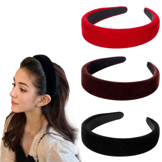 HJZHII 3PCS 3cm Velvet Padded Headband for Women Grils, Thick Wide Head Bands Elegant No Teeth Hair Band