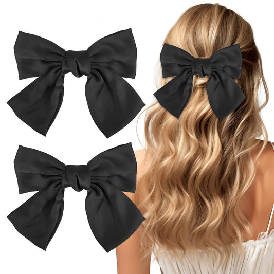 Andibro 2 Pcs 6'' Hair Bows for Women, Short Satin Hair Bow Clips, Silky Double Layer Big Hair Bows Black Hair Bow Barrettes Cute French Hair Styling Accessories for Women Girls(Black)
