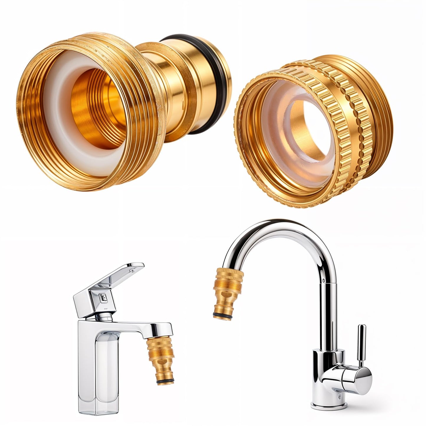 Yuanchu 2 pieces universal tap connector for mixer tap, with two detachable adapters, hose adapter, brass, faucet adapter, garden hose connection, hose coupler