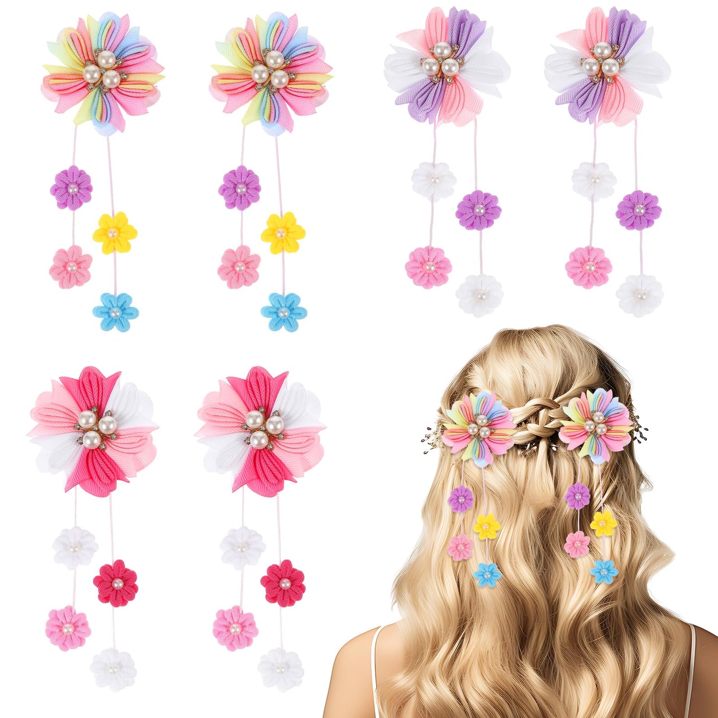 Yuanchu 6Pcs Flower Tassel Hair Clips, Small Flower Hair Clips Cute Floral Tassels Hair Bows Pearl Hair Hairpin Side Hair Clip Lovely Halloween Christmas Hair Accessories(Purple)