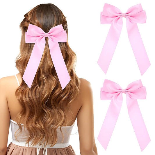 Molain 2Pcs Hair Bows for Women Silky Satin Hair Clip Hair Ribbon Ponytail Holder Hair Bows Clips for Girls Large Hair Ribbons Long Tail Hair Bows Hair Barrettes Hair Accessories Gifts(Pink)