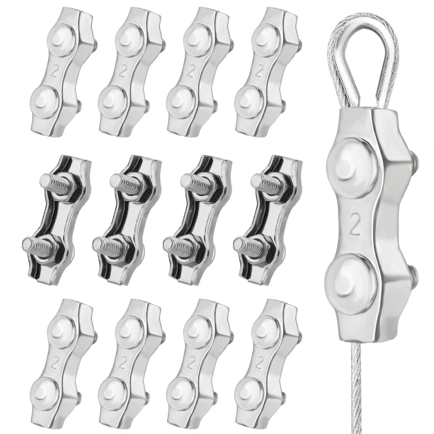Giantree 12Pcs M2 Wire Rope Clamp, Stainless Steel Duplex Clamp 2mm Rope Connector Cable Clamps for Clothesline Tensioner Awning Fixed(Silver M2)