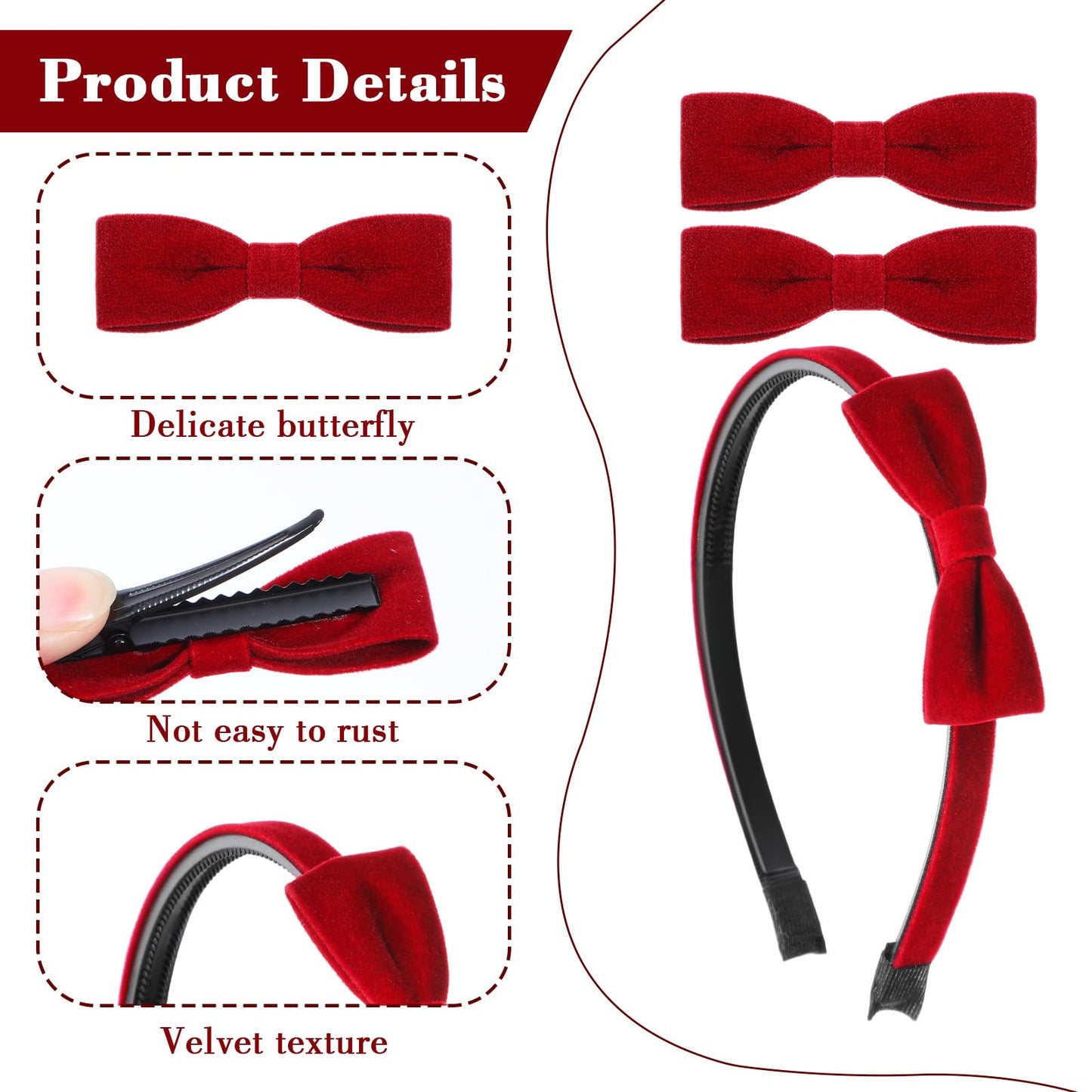 DOPENSPI 3PCS Red Velvet Bow Headband & Velvet Hair Bows, Christmas Headband Burgundy Red Bow Headbands Bows Hair Clips Christmas Costume for Women Girls Party Daily Decor