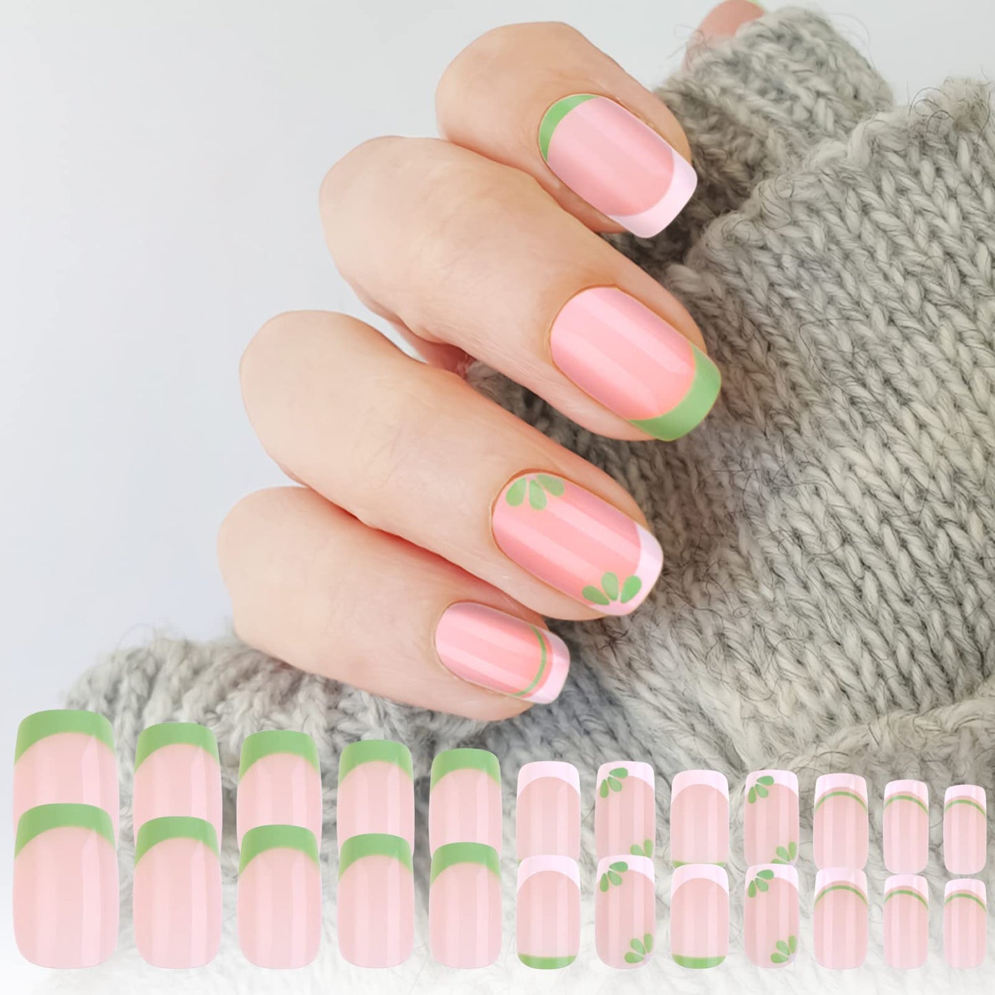 cobee Press on Nails Short, 24 Pcs Green French Tip Square Fake Nails Floral Design False Nails Short Coffin Glossy Fake Stick on Nails Acrylic Glue Full Cover Stick on Nails for Women(Green)