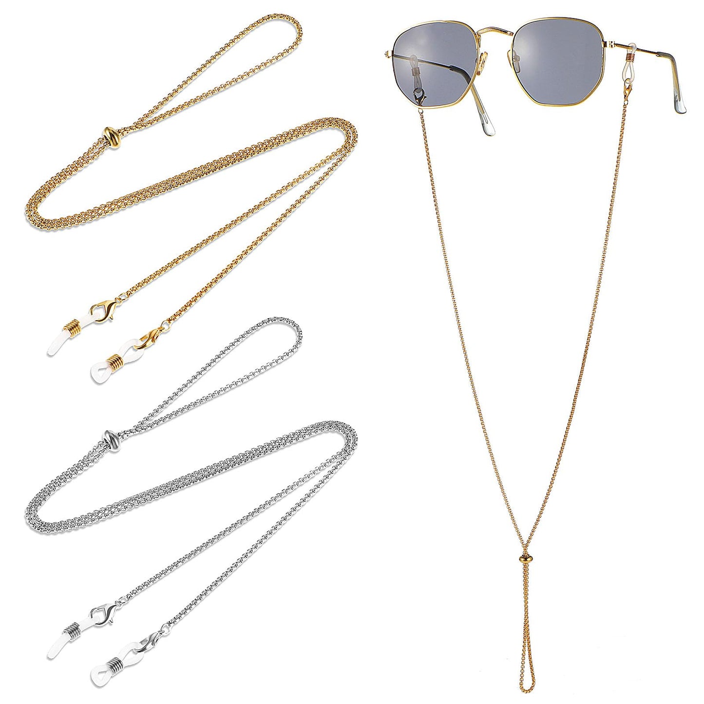 GEEHUA 2 Pcs Glasses Chain for Men Women, Gold and Silver Glasses Holder Strap, Metal Eyewear Chain Sunglass Strap Holder, Eyeglasses Holder Around Neck Long Lanyard Necklace Chain Fashion