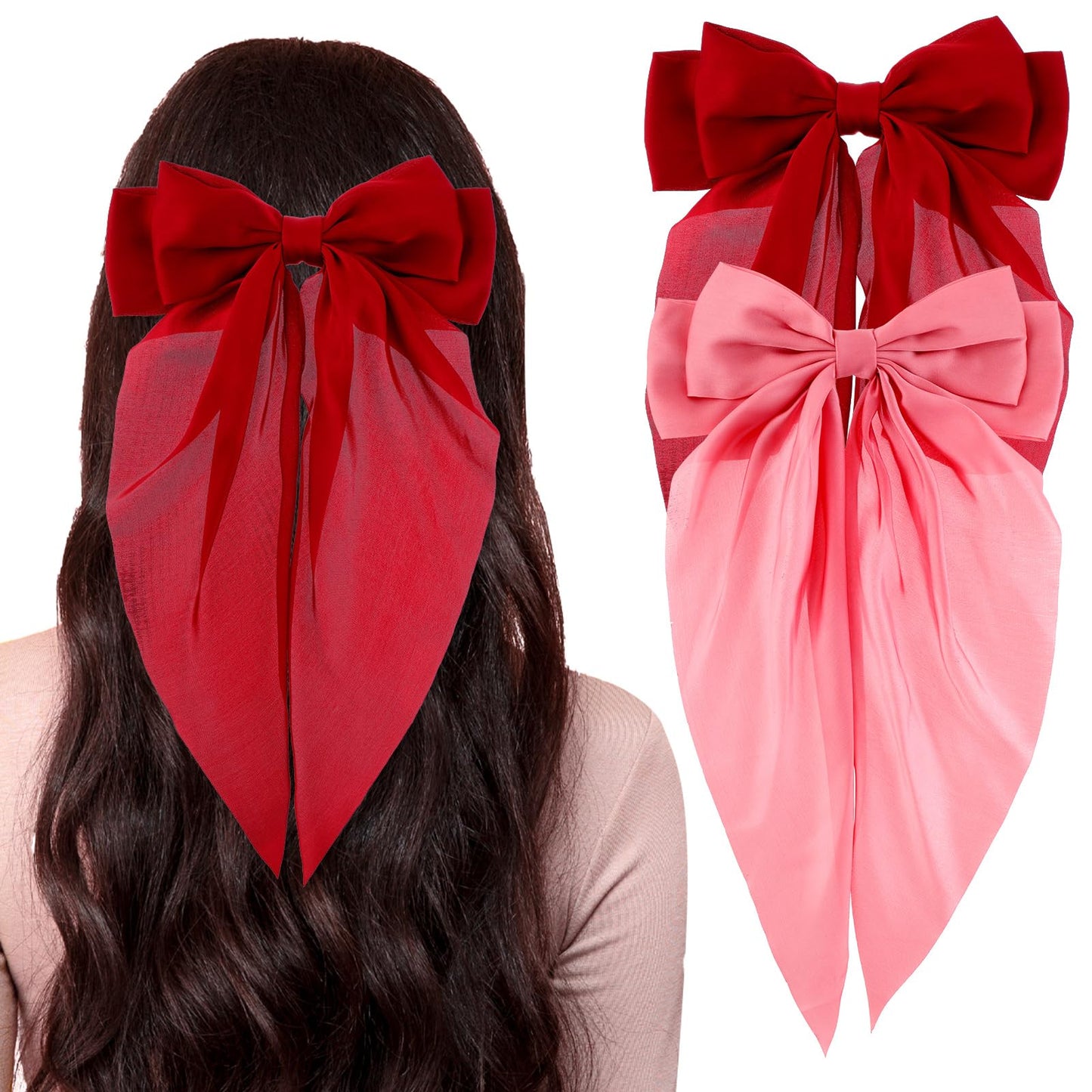 TIESOME 2 Pcs Large Hair Bow for Women, Big Bow Hair Clips Long Tail, Silky Satin Bowknot Hairclips with Alligator Clip Aesthetic Hair Accessories Oversized Bows Hair Barrettes for Party(Red+Pink)