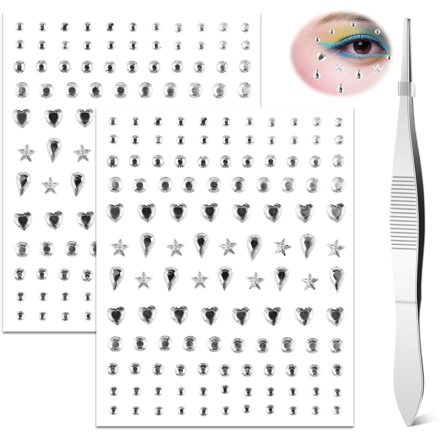 cobee 288PCS Eye Face Gems, 2 Sheets Face Jewels Rhinestones Crystals Stickers with Tweezer Self Adhesive Makeup Diamonds Stick on Face Gem for Women Party Nail Art Decorations (Love Heart)