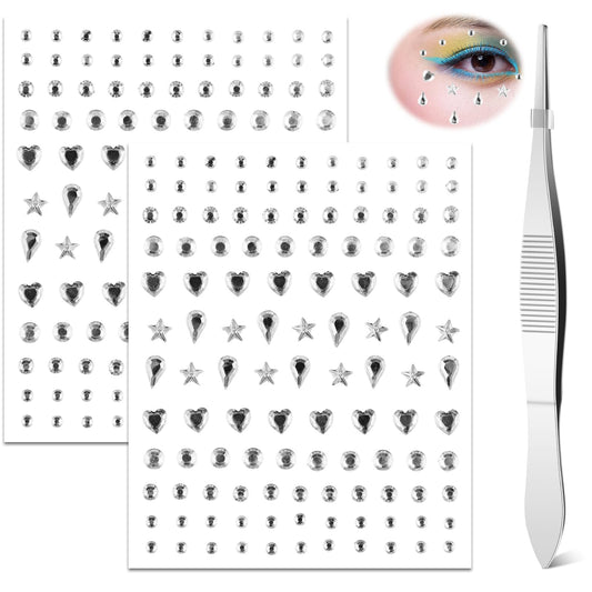 cobee 288PCS Eye Face Gems, 2 Sheets Face Jewels Rhinestones Crystals Stickers with Tweezer Self Adhesive Makeup Diamonds Stick on Face Gem for Women Party Nail Art Decorations (Love Heart)