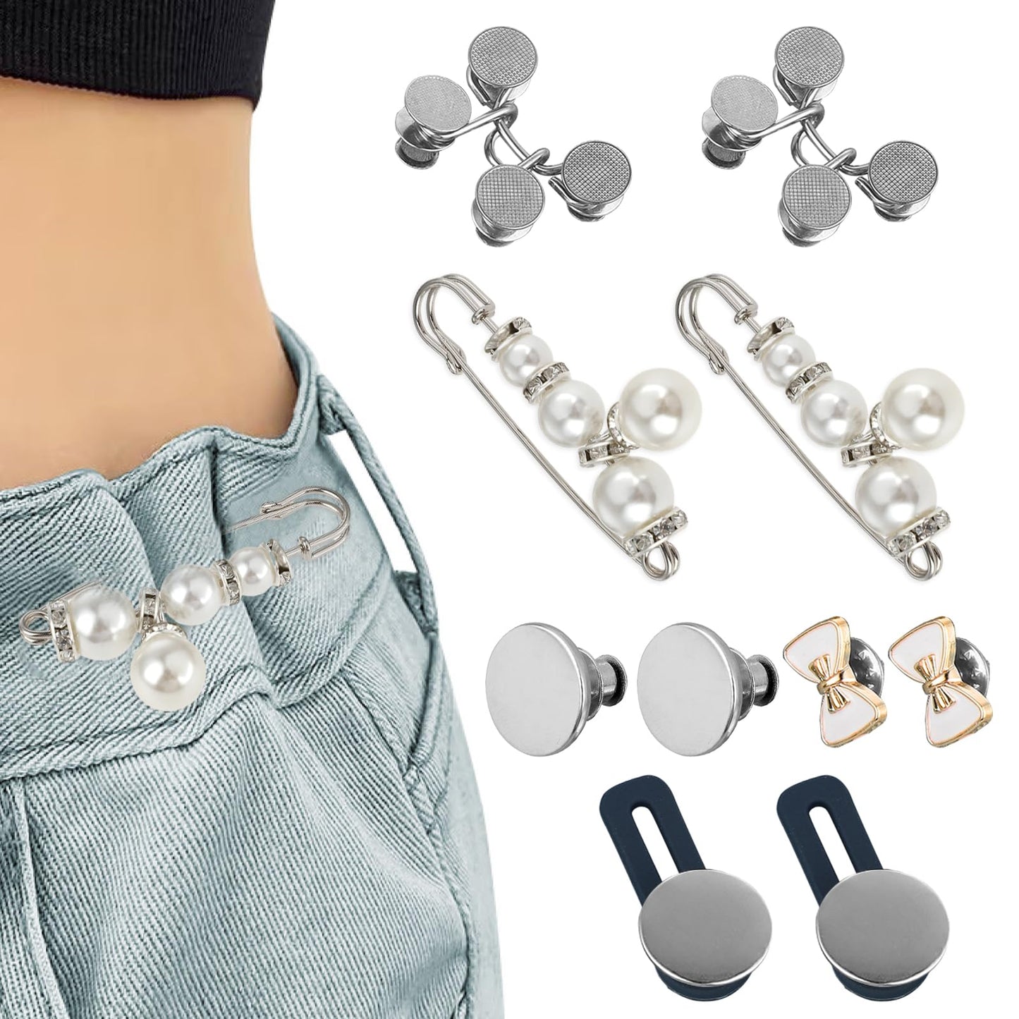 Cobee Pant Waist Tightener, 10 Sets Waist Buckle Clips No Sewing Jean Button Pins Tighten Buttons for Jeans Pants Waist 5 Styles(Silver)