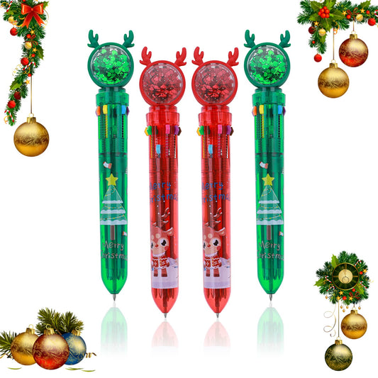 cobee 10-in-1 Multicolor Christmas Ballpoint Pens, 0.7mm 4 Pieces Retractable Xmas Ball Point Pens Multicolor Ink Rollerball Pen Christmas Gift for Kids Students School Office Supplies