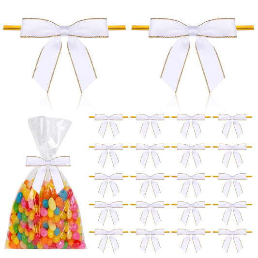 AOZUO 50Pcs White Bows for Crafts, Twist Tie Bows Mini DIY Satin Ribbon Bow Pre-Tied Gift Bows with Gold Edge for Gift Wrap Bags Party Favors Baked Goods Cookies Bridal Shower Halloween Party (White)