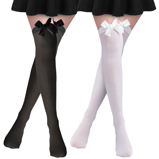 Amaxiu Cute Bow Stockings, 2 Pair Kawaii Over Knee Socks Satin Thigh High Socks Long Stockings for Girls Women Party Favors(Black+White)
