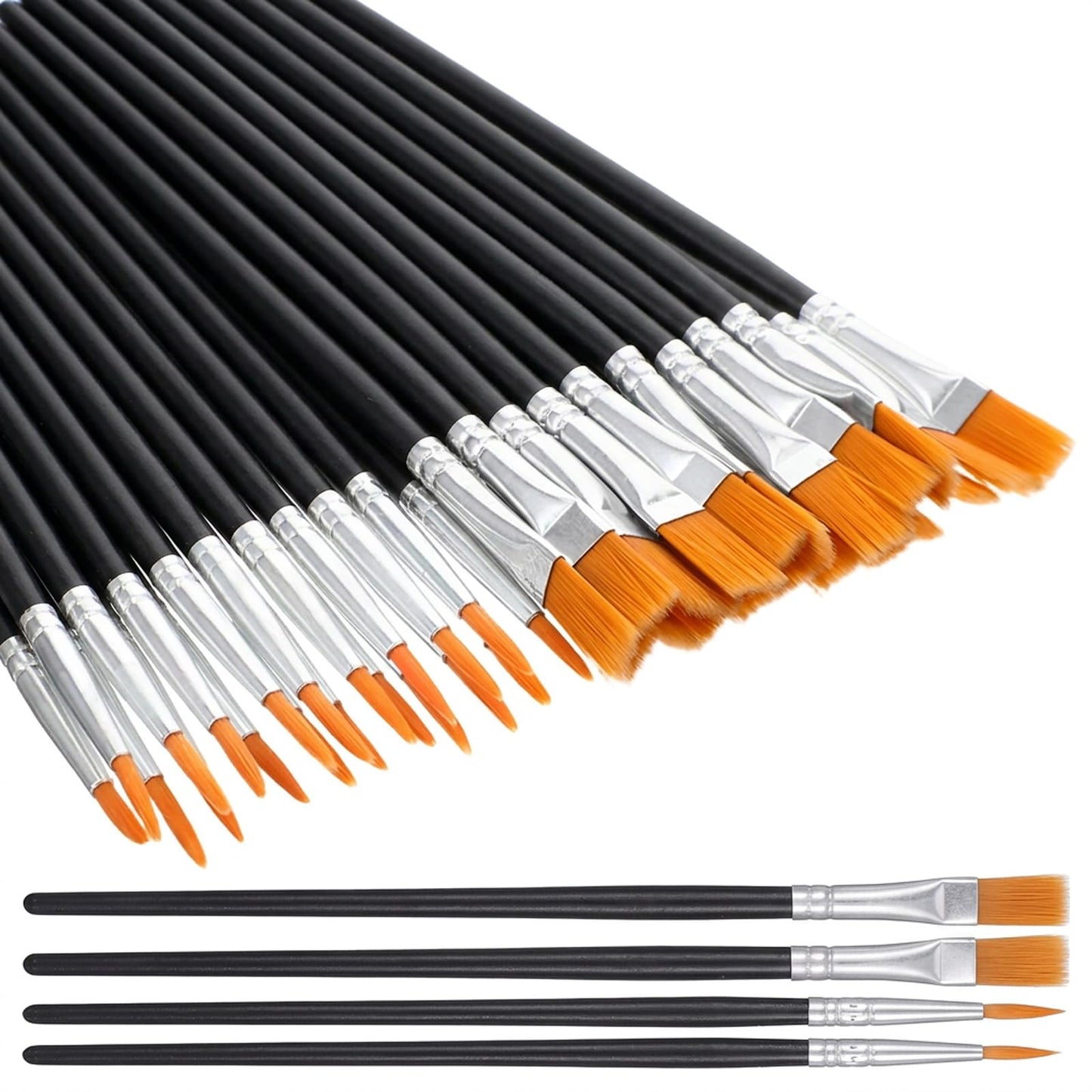 DOPENSPI 40PCS Paint Brushes Set, Flat and Round Pointed Acrylic Brushes Set Nylon Hair Face Paint Brush for Acrylic Oil Watercolor Painting Black