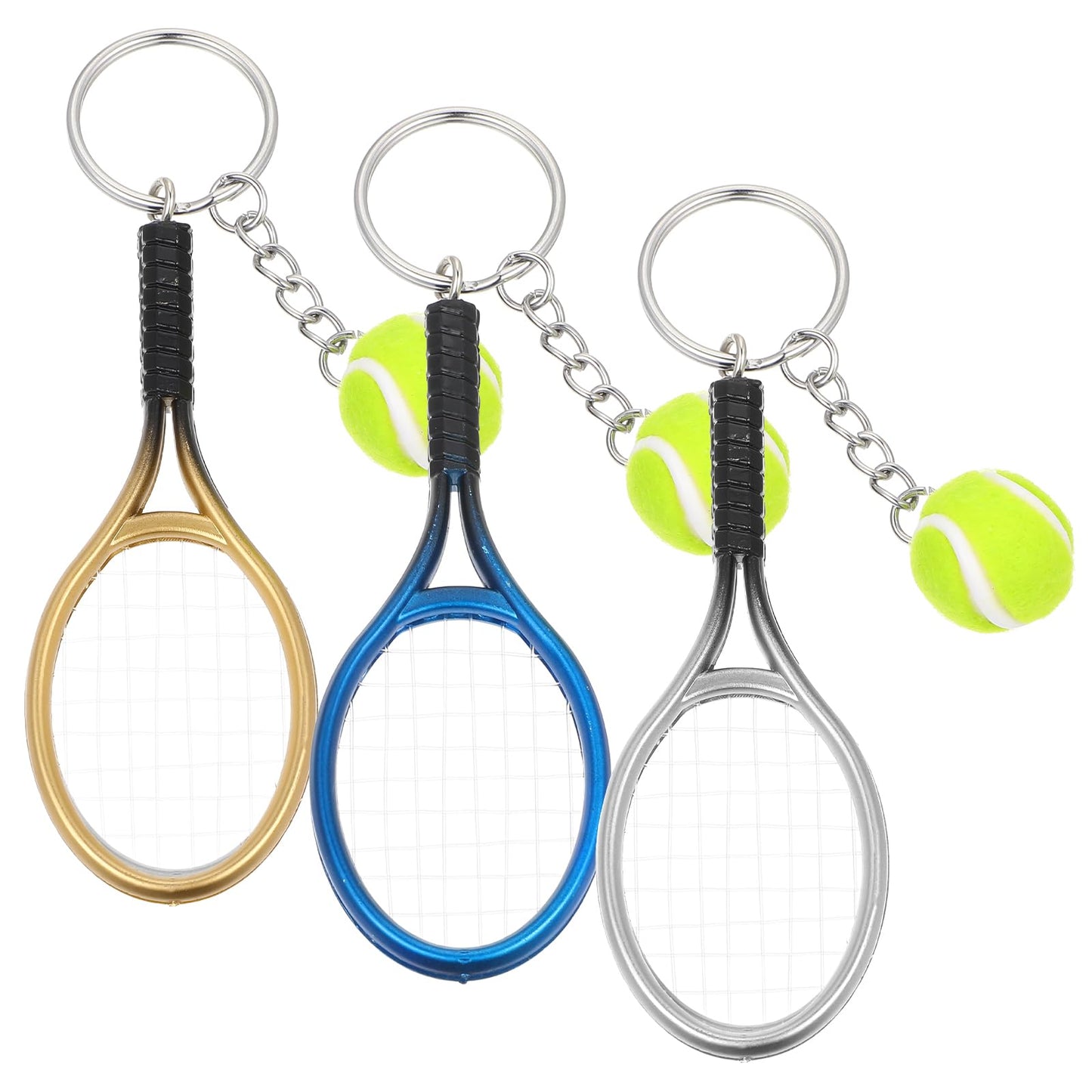Yuanchu Set of 3 Tennis Racket Keychains, 3 Colours Tennis Key Chain, Sports Keyrings, Mini Tennis Ball Pendant, Sports Lover, Gift for Men, Women, Girls, Gold, silver, blue, 3.54in