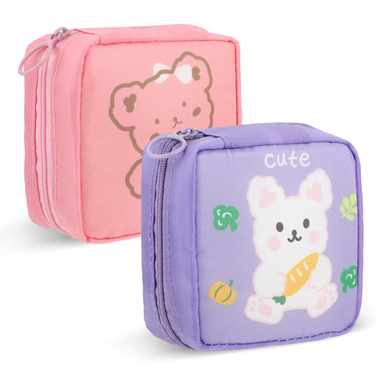 Andibro Cute Sanitary Napkin Storage Bag, 2Pcs Portable Period Holder Bag Cartoon Menstrual Pad Bag Kawaii Tampon Pad Holder Purse Pad Pouch with Zipper Suitable for Girls Women(Pink+Purple)
