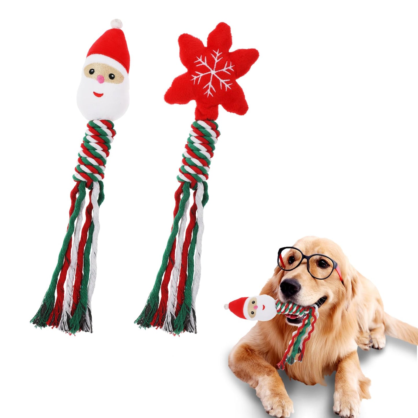 Amaxiu Christmas Dog Chew Toy Set, 2 PCS Xmas Dog Rope Toys Puppy Squeaky Toy Chew Training Toys Santa Dog Plush Interactive Toys Teething Toys for Dog Puppy(B)