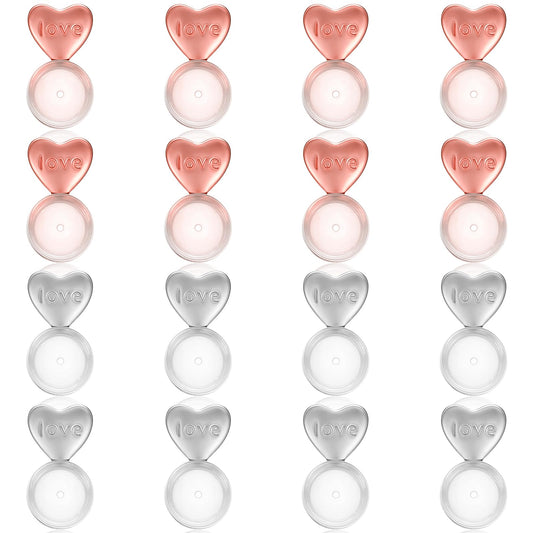MBAIYO 16 Pcs Silicone Heart Earring Backs for Droopy Ears, Earring Support Backs Replacement Secure Lifters for Heavy Ear Rings Studs(Rose Gold, Silver)