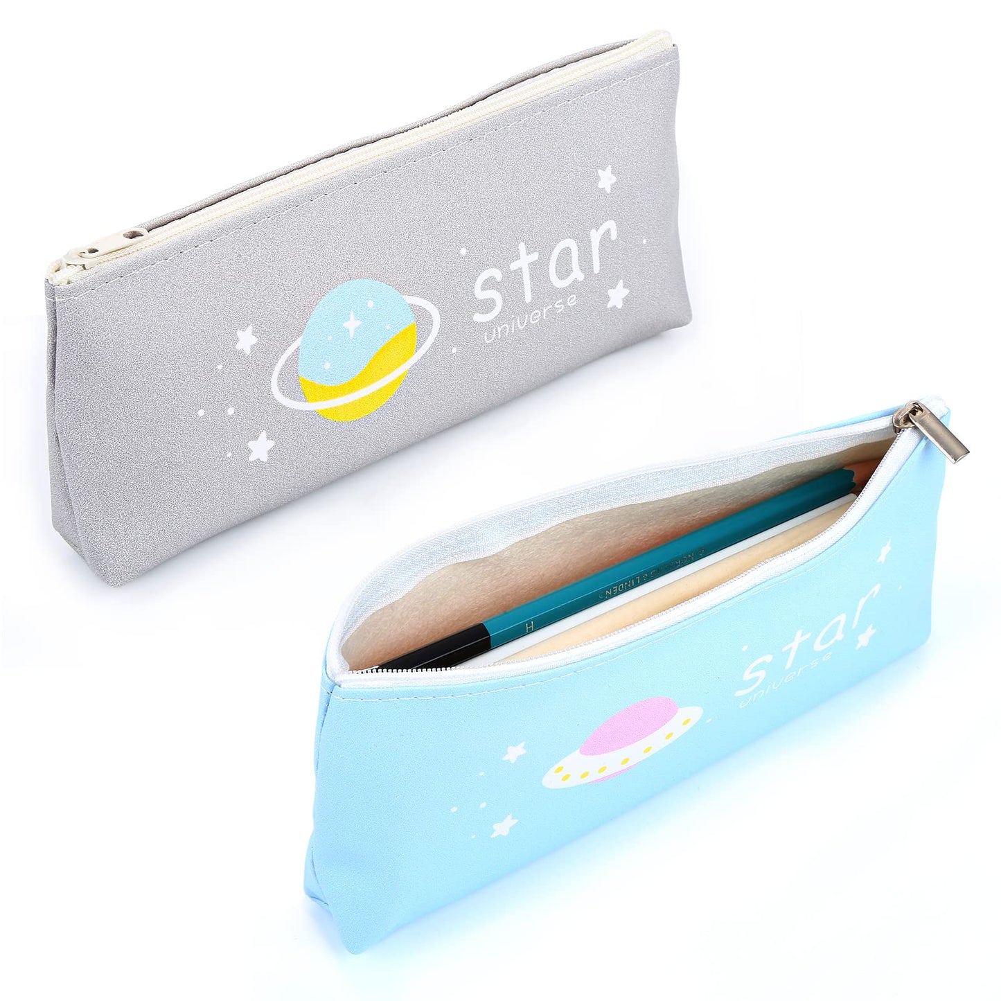 TIESOME Leather Starry Sky Pencil Case, 2Pcs Cute Slim Pen Bag Pouch Bag with Zipper Stationery Bag Portable Cosmetic Bag for Pen Pencils Markers (Gray+Blue)