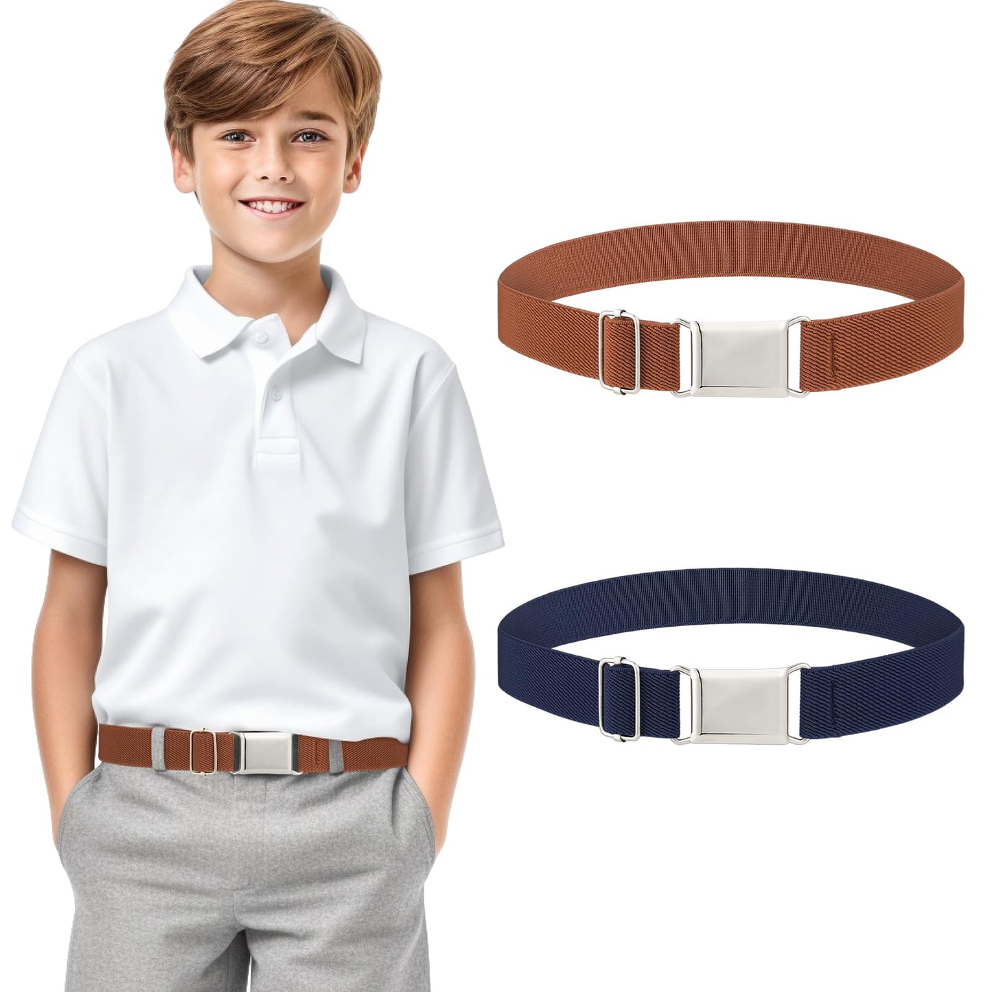 TIESOME 2PCS Kids Elastic Belt, Adjustable Stretch Belts Flat Buckle Waist Belt Boy Girl Quick Release Belt for Jeans Pants(Dark Blue+Brown)